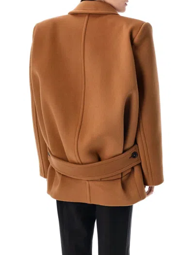 Saint Laurent Brown Coat With Classic Lapels And Shoulder Pads In Virgin Wool Woman In Brown