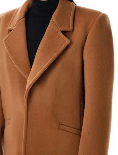 Saint Laurent Brown Coat With Classic Lapels And Shoulder Pads In Virgin Wool Woman In Brown