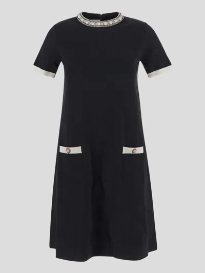 Valentino Tweed Embroidered Mini Dress With Patch Pockets In Black