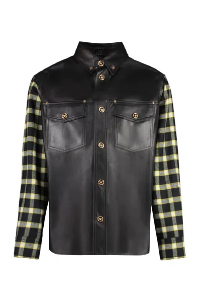 Versace Leather Shirt Checkered Sleeves In Black