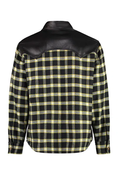 Versace Leather Shirt Checkered Sleeves In Black