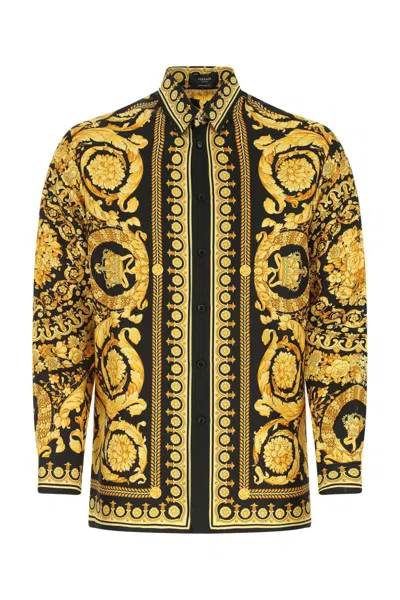 Versace Barocco Print Long-sleeved Silk Shirt In Yellow