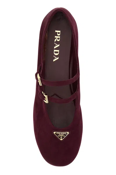 Prada Suede Ballerinas With Flat Sole And Round Toe In Burgundy