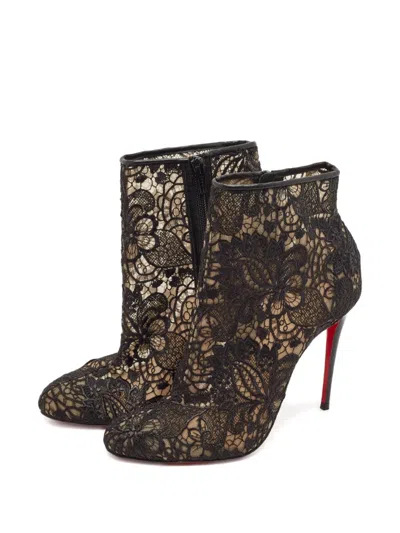 Pre-owned Christian Louboutin 105mm Floral Lace Boots In Black