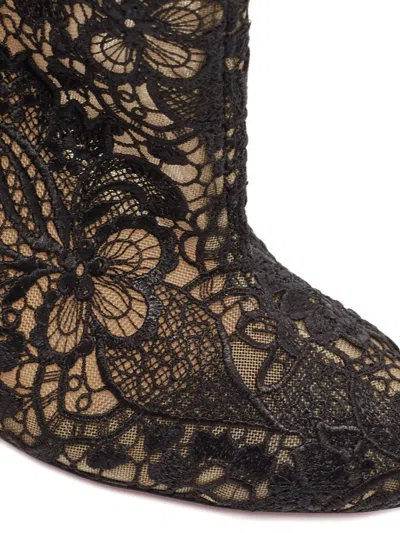 Pre-owned Christian Louboutin 105mm Floral Lace Boots In Black