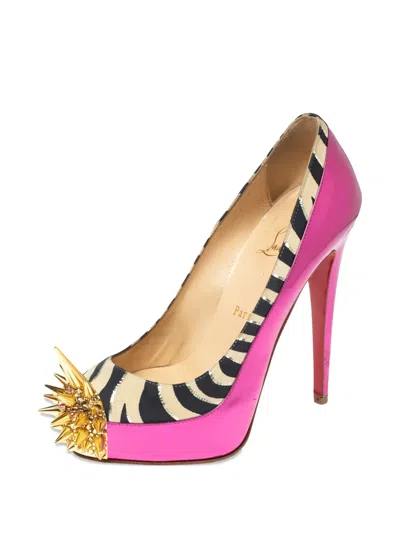 Pre-owned Christian Louboutin 135mm Spiked Zebra-print Pumps In Pink