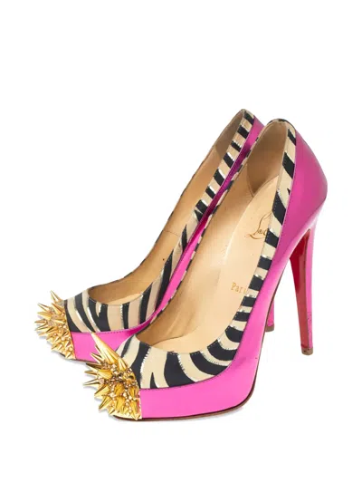 Pre-owned Christian Louboutin 135mm Spiked Zebra-print Pumps In Pink