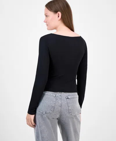 Just Polly Juniors' Lace-trim Sweetheart-neck Knit Top