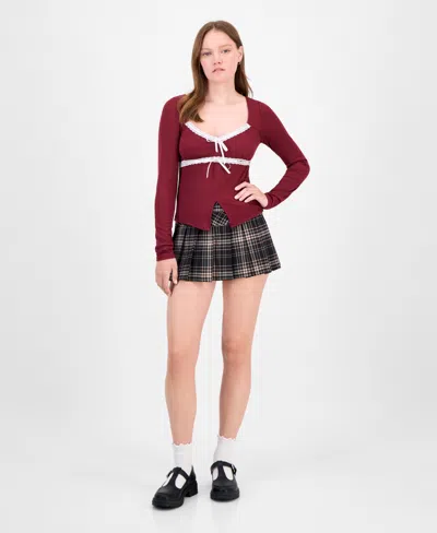 Just Polly Juniors' Lace-trim Sweetheart-neck Knit Top