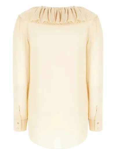 Saint Laurent Beige Blouse With V Neck And Ruffles On Front And Rear In Silk Woman In Brown