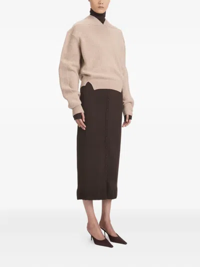 Victoria Beckham Beige Knit Sweater With V Neck On Front And Rear In Cashmere And Wool Woman In Brown
