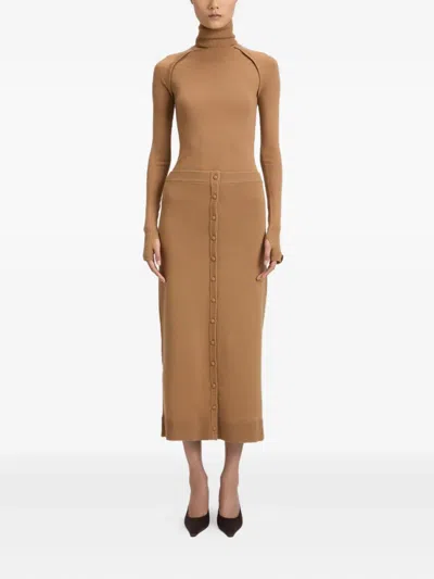 Victoria Beckham Button-detail Midi Skirt In Brown