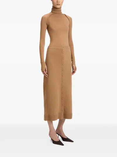 Victoria Beckham Button-detail Midi Skirt In Brown