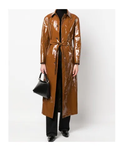 Filippa K Glossy Finish Trench Coat With Belted Waist In Brown