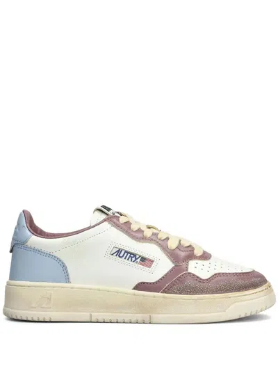 Autry Super Vintage Medalist Low Sneakers In White, Celestial Blue And Taupe Leather
