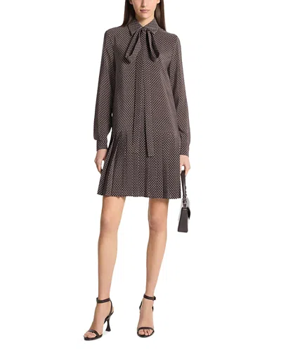 Michael Kors Polka-dot Silk Pleated Drop-waist Bow Mini Shirtdress In Brown