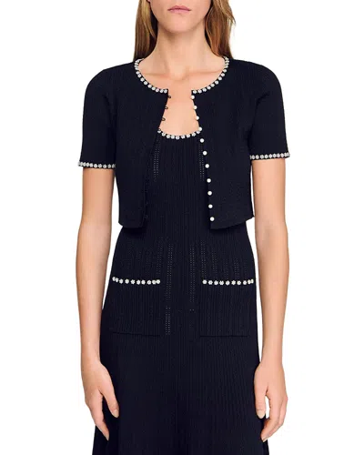 Sandro Cropped Beaded Cardigan In Black