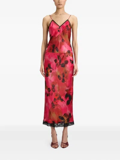 Victoria Beckham Lace Trim Slip Midi Skirt In Red