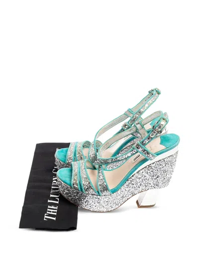 Pre-owned Miu Miu Glitter Suede Sandals In Blue
