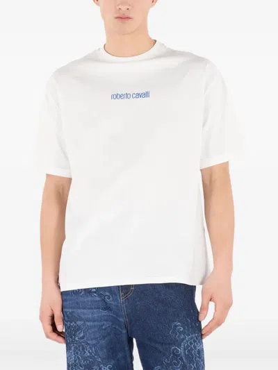 Roberto Cavalli Cotton T-shirt With Dragon And Logo In White