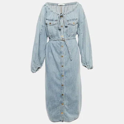 Pre-owned Zimmermann Light Blue Washed Denim Off Shoulder Belted Midi Dress M