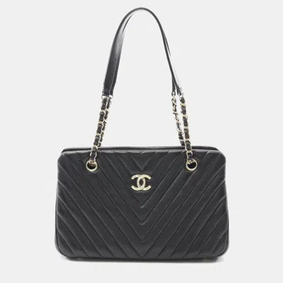 Pre-owned Chanel V-stitch Chevron Chain Shoulder Tote Bag Lamb Leather Black Ghw Cc