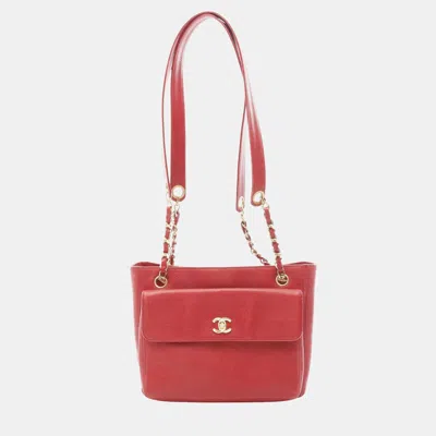 Pre-owned Chanel Coco Mark Chain Shoulder Tote Bag Calfskin Red Ghw Cc