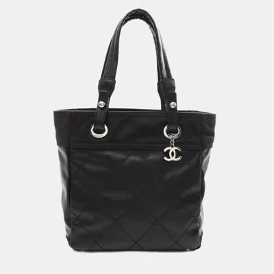 Pre-owned Chanel Paris Biarritz Pm Tote Bag Canvas Leather Black Shw Cc