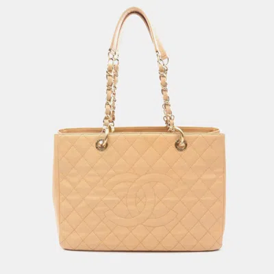 Pre-owned Chanel Coco Mark Matelasse Gst Chain Shoulder Tote Bag Calfskin Beige Ghw In Sand