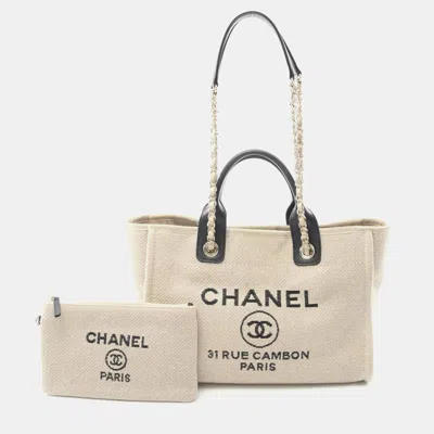Pre-owned Chanel Deauville Small Shoulder Tote Bag Canvas Leather Beige Black Ghw In Sand
