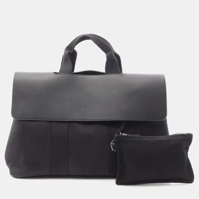 Pre-owned Hermes Valparaiso Mm Black Toile Chevron Leather Handbag