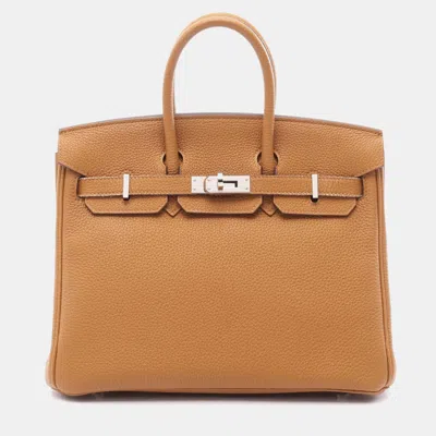 Pre-owned Hermes Birkin 25 Sesame Lime Verso Togo Leather Handbag In Brown