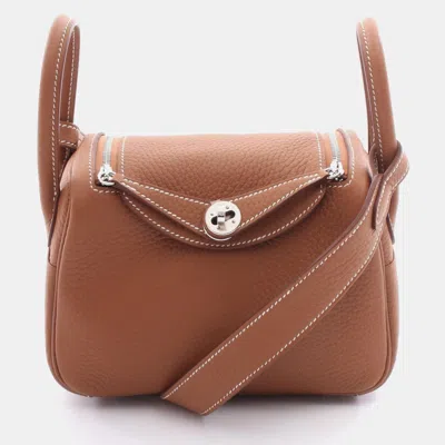 Pre-owned Hermes Lindy Mini Gold W Taurillon Clemence Crossbody Bag In Brown