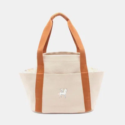 Pre-owned Hermes Cabriole Mother's Beige Brown H Canvas Toile Bag In Sand