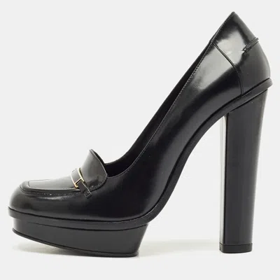 Pre-owned Fendi Black Leather Logo Loafer Platform Pumps Size 38