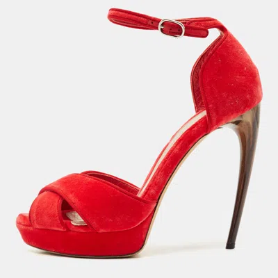 Pre-owned Alexander Mcqueen Red Velvet Horn Heel Ankle Strap Platform Sandals Size 38
