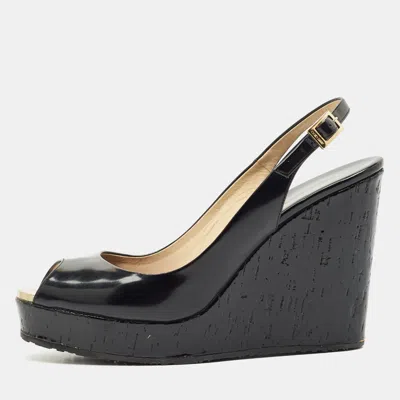 Pre-owned Jimmy Choo Black Patent Platform Wedge Slingback Sandals Size 41
