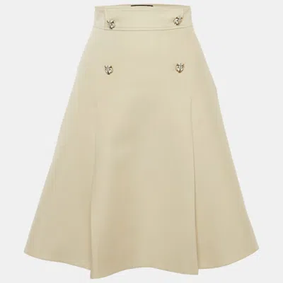 Pre-owned Gucci Light Beige Wool And Silk Tiger Brooch Detail Knee-length Skirt S