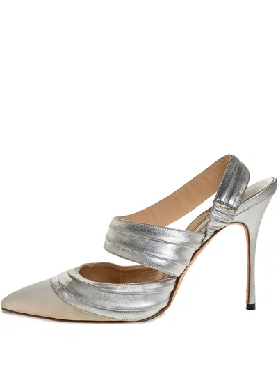 Pre-owned Manolo Blahnik Pleated Slingback Pumps In Silver