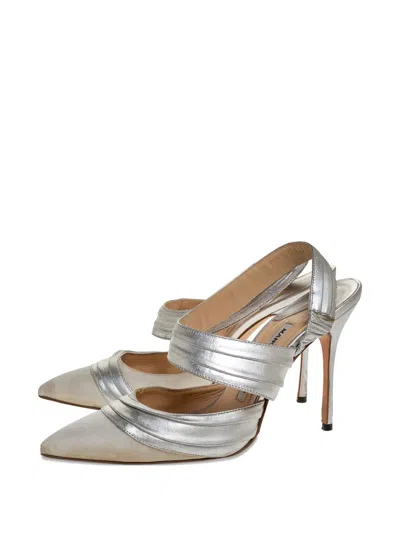 Pre-owned Manolo Blahnik Pleated Slingback Pumps In Silver