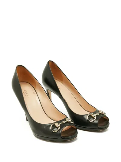 Pre-owned Gucci Leather Horsebit Peep-toe Pumps In Black