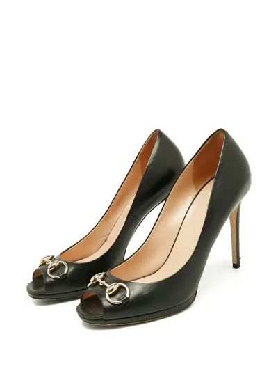 Pre-owned Gucci Leather Horsebit Peep-toe Pumps In Black