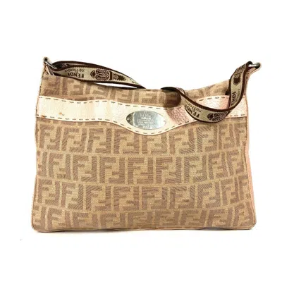 Pre-owned Fendi Pink Beige Leather Canvas Shoulder Bag ()