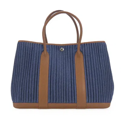 Pre-owned Hermes Brown Indigo Blue Denim Leather Tote Bag ()