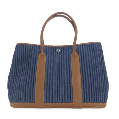 Pre-owned Hermes Brown Indigo Blue Denim Leather Tote Bag ()