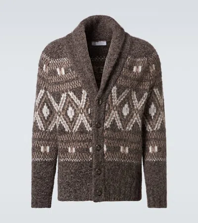 Brunello Cucinelli Wool Cardigan V-neck Geometric Pattern In Brown