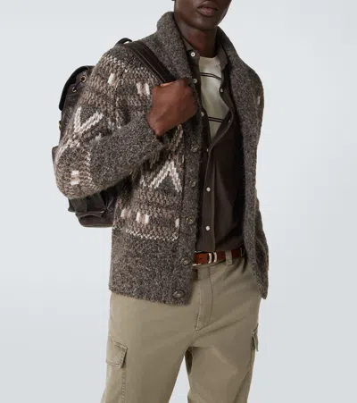 Brunello Cucinelli Wool Cardigan V-neck Geometric Pattern In Brown