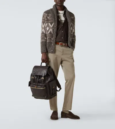 Brunello Cucinelli Wool Cardigan V-neck Geometric Pattern In Brown