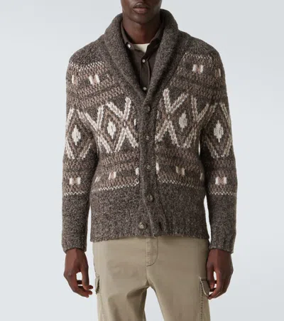 Brunello Cucinelli Wool Cardigan V-neck Geometric Pattern In Brown