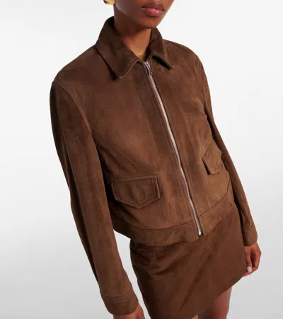 Nour Hammour Brunette Cropped Suede Bomber Jacket In Brown